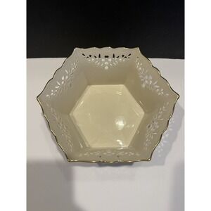 Vintage Lenox Pierced Ivory China Serving Bowl Gold Trim Hexagon USA